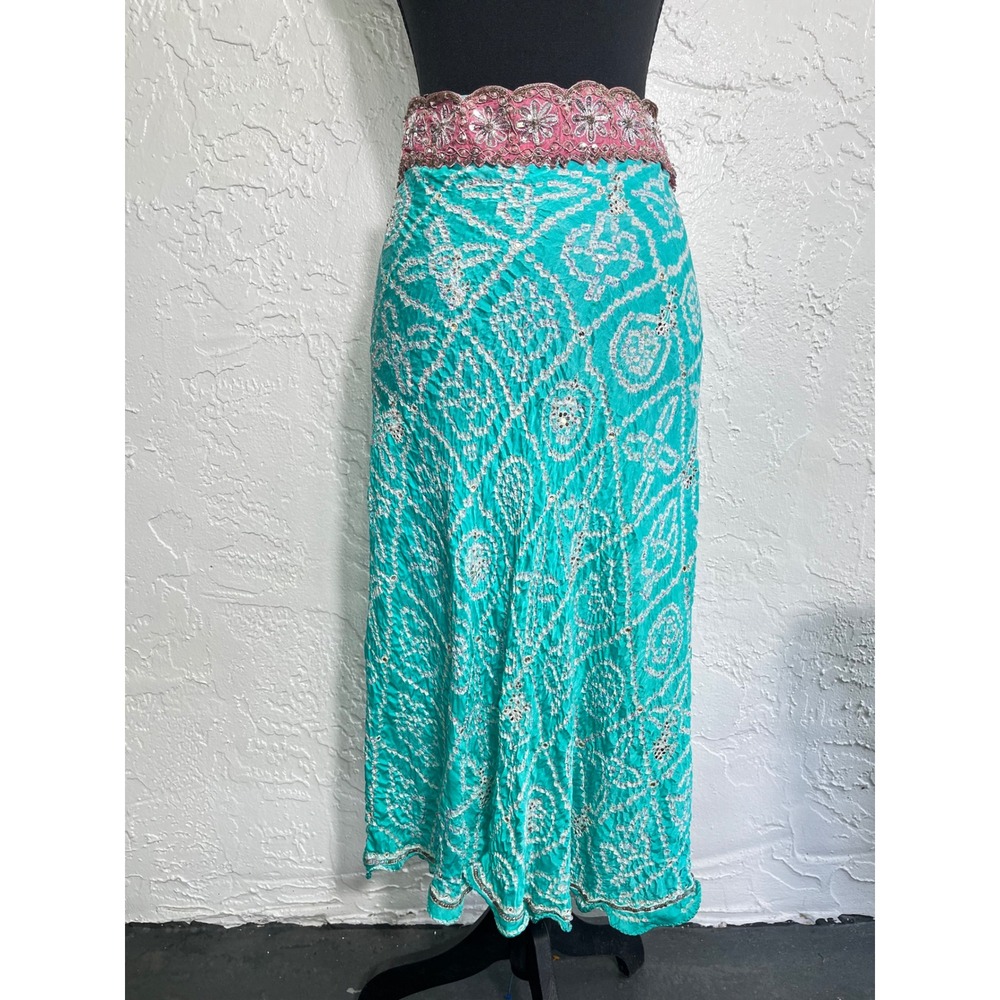 Sage Silk Bandhani Midi Skirt Turquoise Pink Sequin Embellished Boho S/M